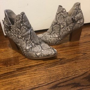 Snake print booties with buckle